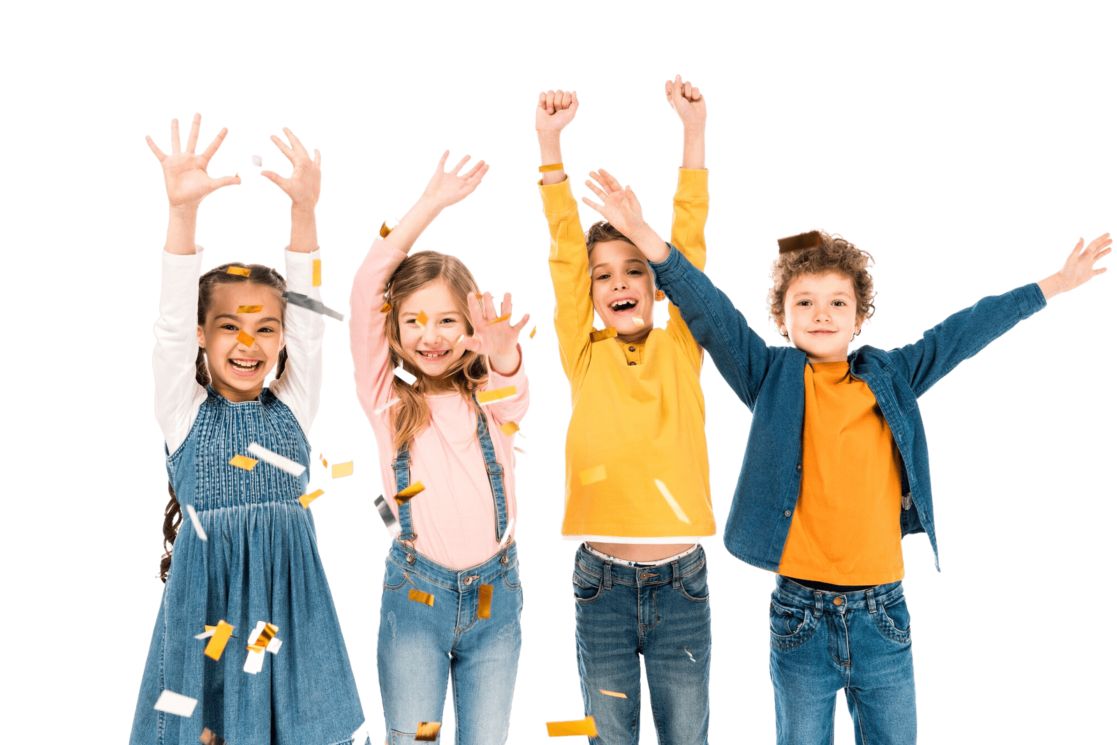four happy kids waving hands under confetti isolated on white Edited min privatni boravak Voždovac